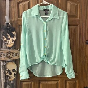 Mint Sheer Button-Front Tie Hem Blouse